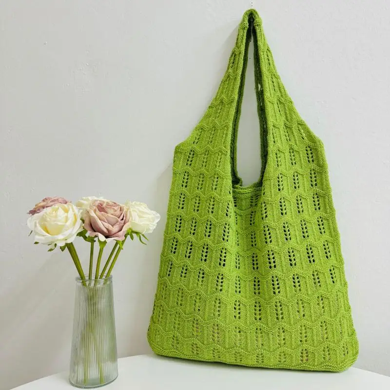 Casual Knitted Woven Shoulder Bags for Women Bohemian Woolen Tote Bags Summer Vacation Hollow Beach Bag Fashion Shopping Handbag