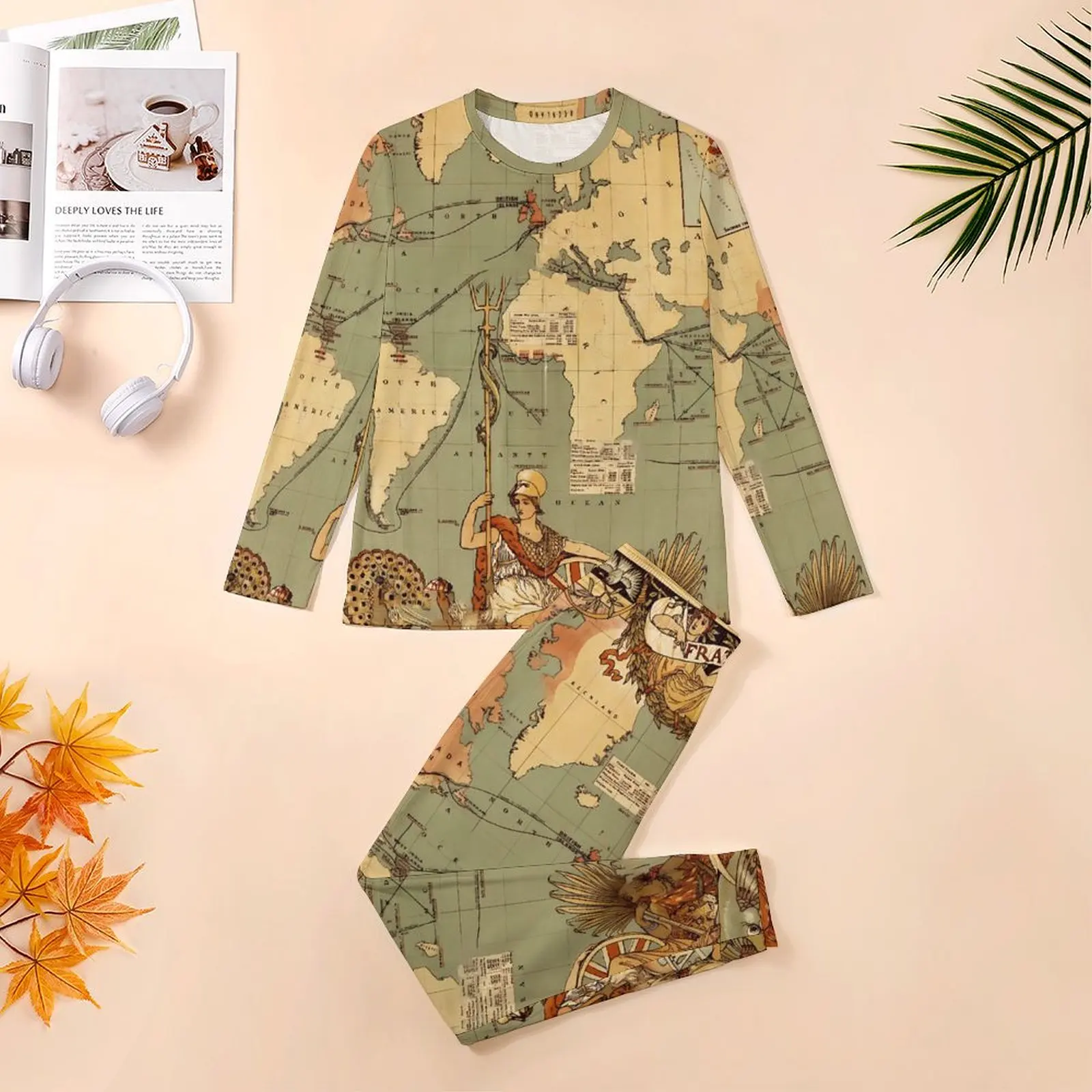 World Map Pajamas Antique 1886 Male Long Sleeve Trendy Pajama Sets 2 Piece Casual Spring Design Home Suit Gift Idea