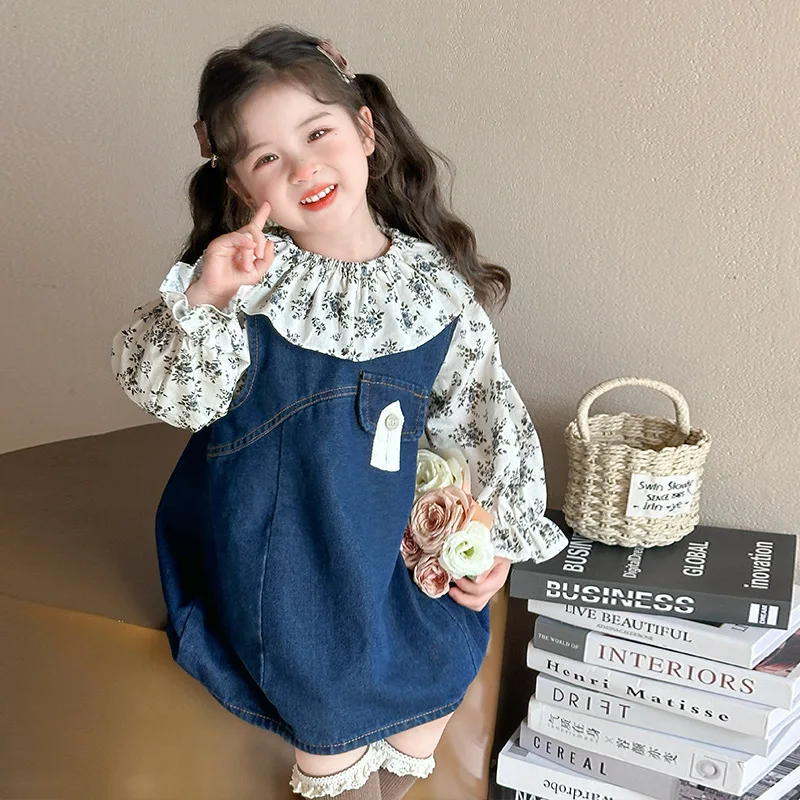 

Girls Denim Suspender Skirt Set2025Autumn New Children's Stylish Floral Dress Baby Two-Piece Set