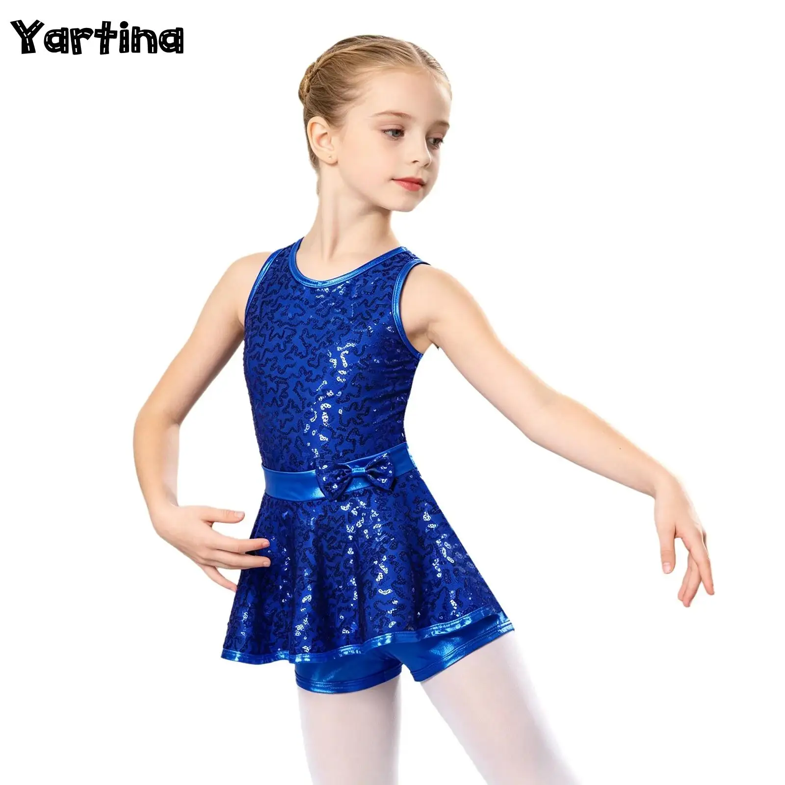 Niños Niñas Ballet Jersey Shorty Unitard vestido con lentejuelas Bowknot gimnasia leotardo Jazz moderno Tap Ballet danza leotardo vestido