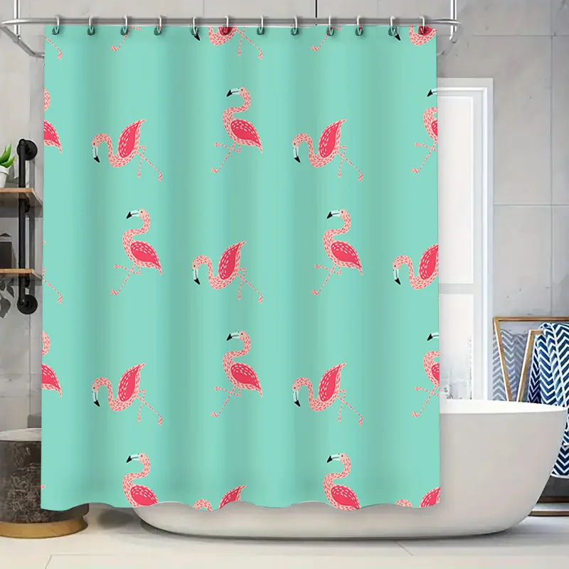 Delightful Pink Flamingos Shower Curtain Blue Background, Perfect for Bathroom Decorations!