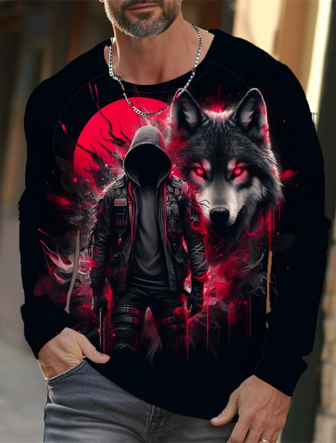 

2025 Men's Summer Long Sleeve 3d Printed Wolf Print T-Shirt Tops Men Streetwear Clothing Round Neck Graphic Long Sleeve T-Shirt
