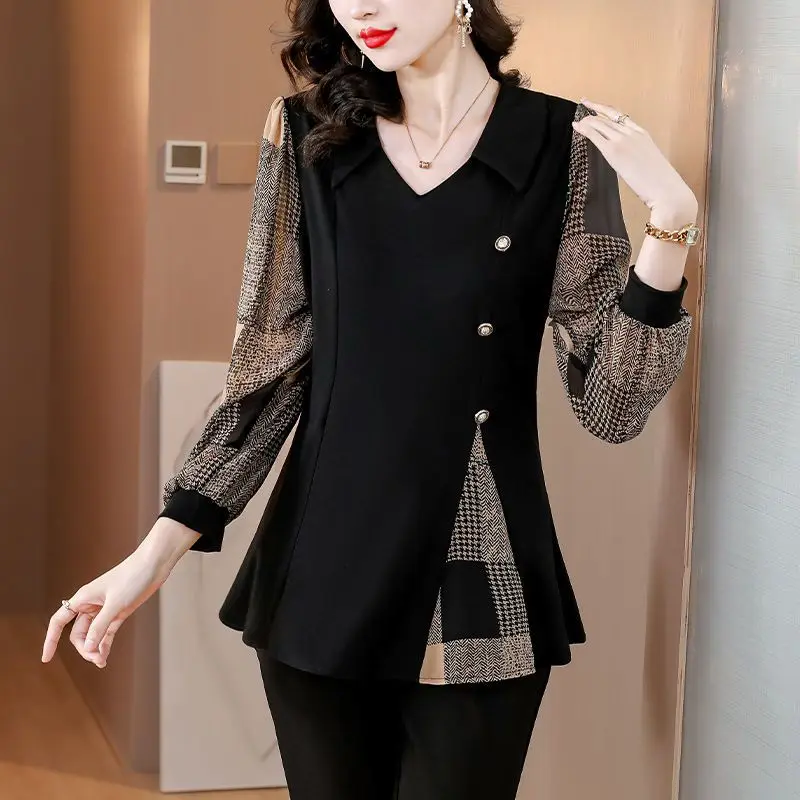 Large Size Women\'s Autumn Top with Long Sleeves and Base New Style Slimming Flesh Blocking and Western-style Chiffon Shirt