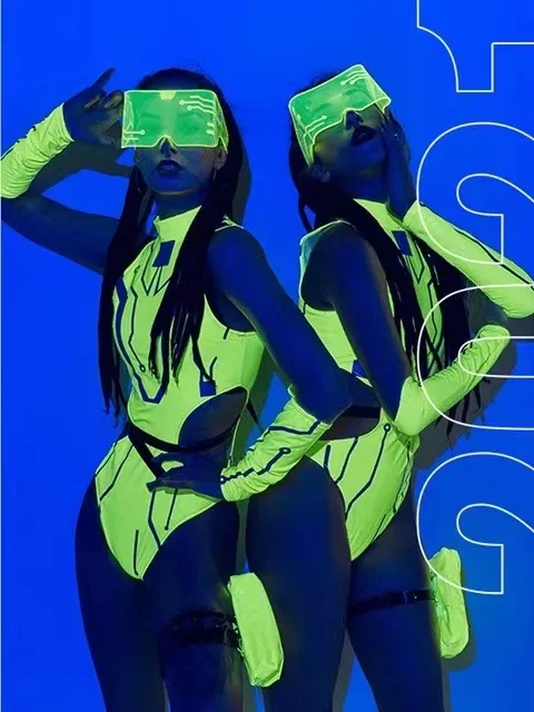 Bar Gogo Dancign Performance Jumpsuit Sexy Fluorescence Green Patent Leather Dancer Bodysuit Nigtclub Pole Dance Clothing