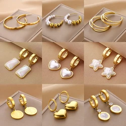 Pendientes de aro de acero inoxidable para mujer, aretes de Color dorado, Piercing de perlas a la moda, joyería de lujo, novedad de 2023