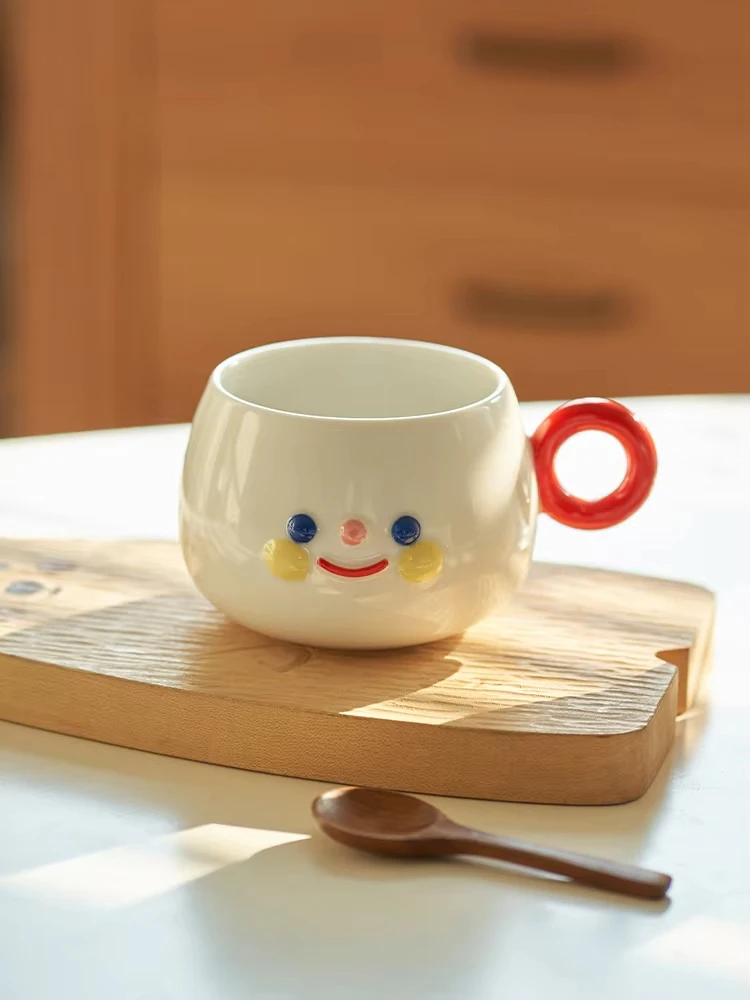 Cute Smiling Face Round Mug With Handle Home Simple Ceramic Water Cup Coffee Milk Cup Couple Girlfriend Cup Small Gift