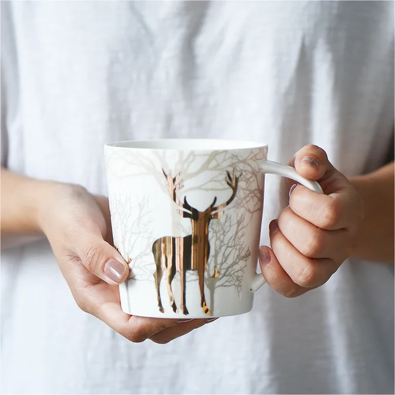 Gold Deer Ceramic Coffee Mug Cup Water Breakfast Milk 500ml