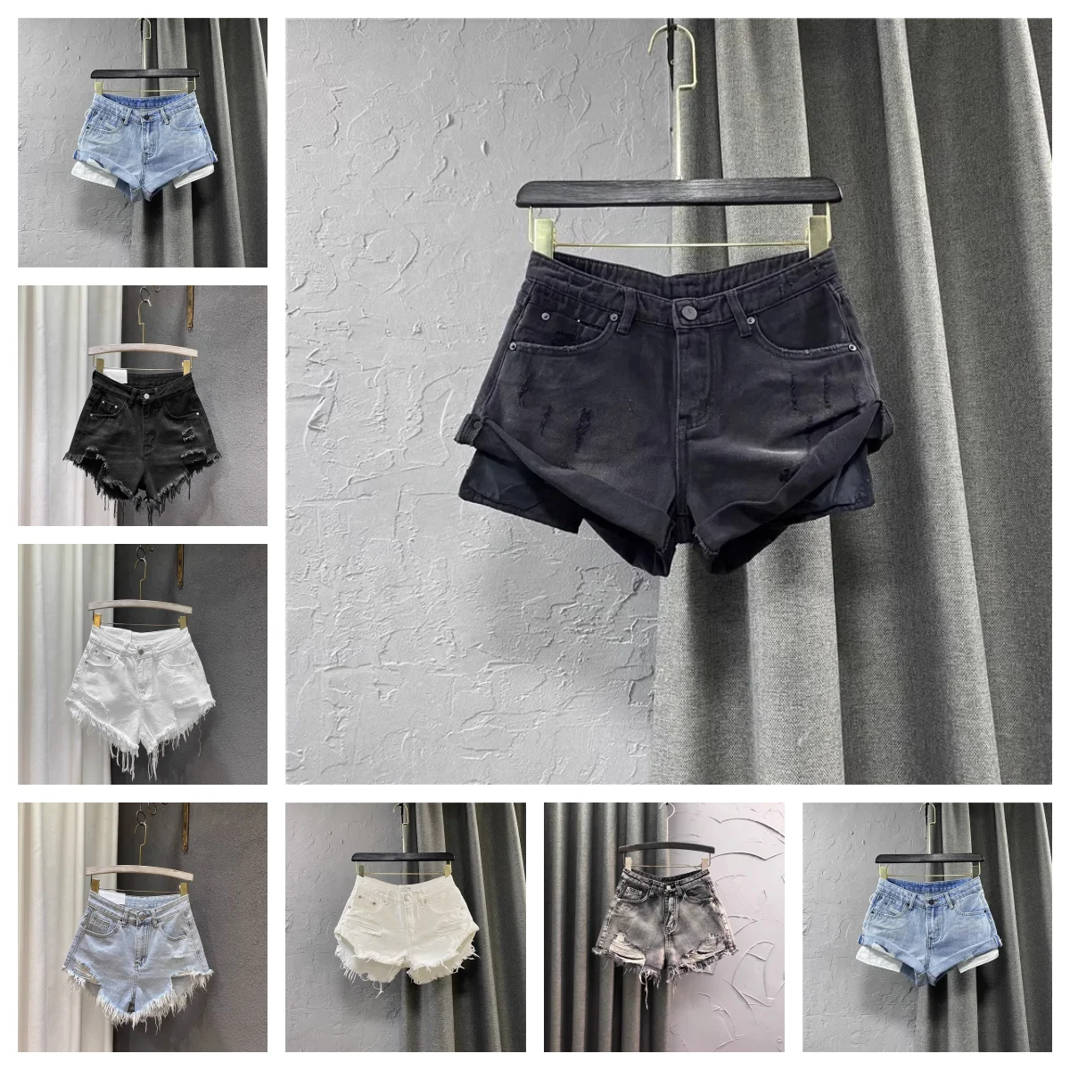 

Women Gray High Waist Denim Shorts Female Summer Hottie Show Hole Fringe Fur-Edged Beggar Wide Leg Pants Hot Jeans Mujer