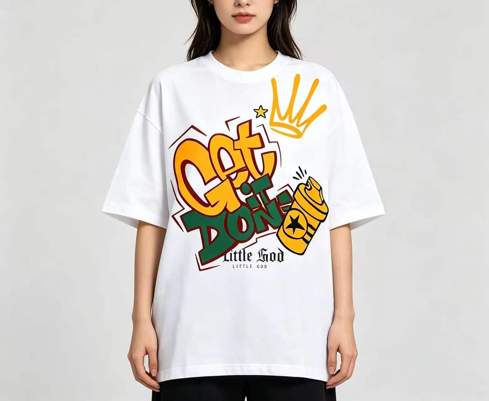 Unisex Get It Done Graffiti Spray Can Crown Letter Graphic T Shirt Men Women Hip Hop Streetwear Print Oversized Crew Neck Cotton Tee