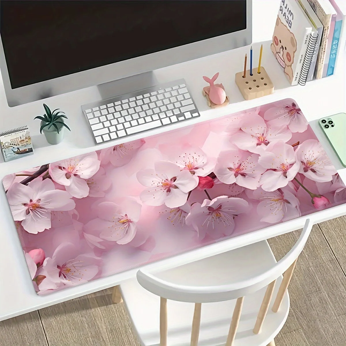 

Large Extended Gaming Mouse Pad with Peach Blossom Design - Washable and Non-Slip Rubber Based Mouse Mat with Precision Stitchin