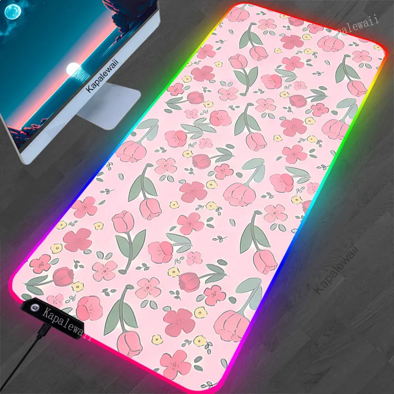 Grand tapis de souris RGB à fleurs roses, LED, pour gamer, tapis de table, clavier, média, 90x40cm