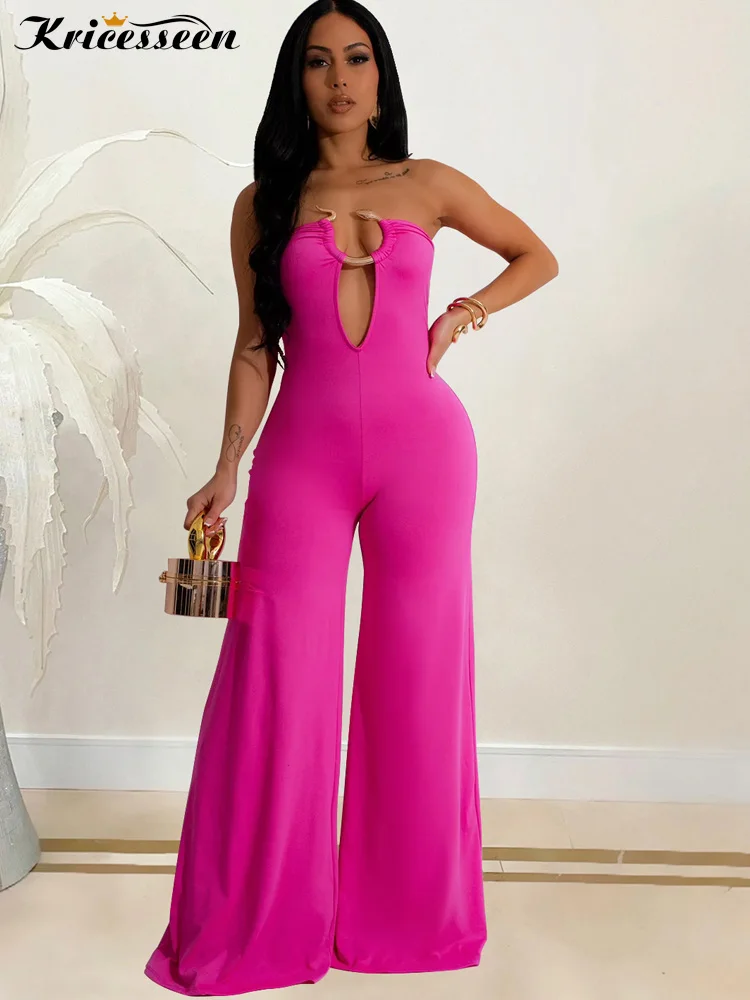 

Bonnie Forest New Chic Snake Buckle Cargo Jumpsuits Casual Strapless Chest-Wrapped Wide-Leg Jumpsuit Nightclub Outfits Clubwear