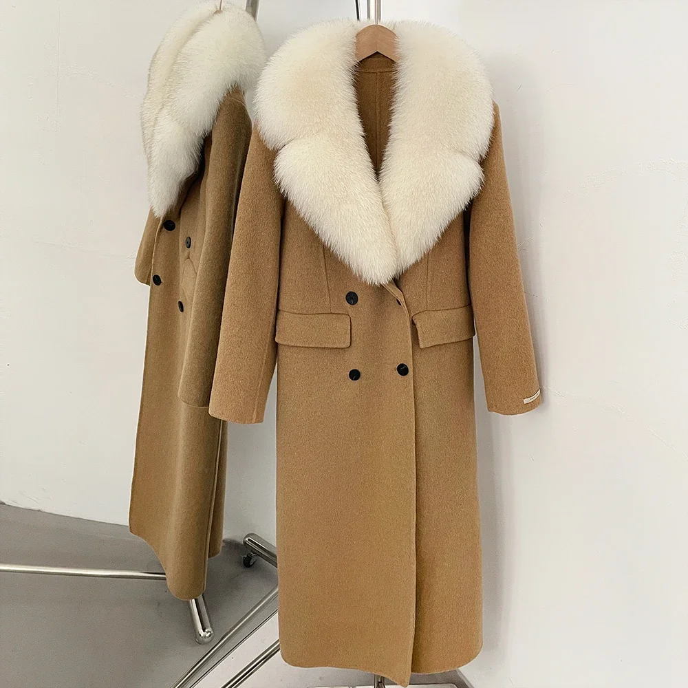 OFTBUY Luxuriöser Doppelreihiger Langer Wollmantel für Damen mit Echtem Fuchspelzkragen, Winter-Wärmejacke, Schlanke Wollkleidung mit Echtpelz – Detail 14