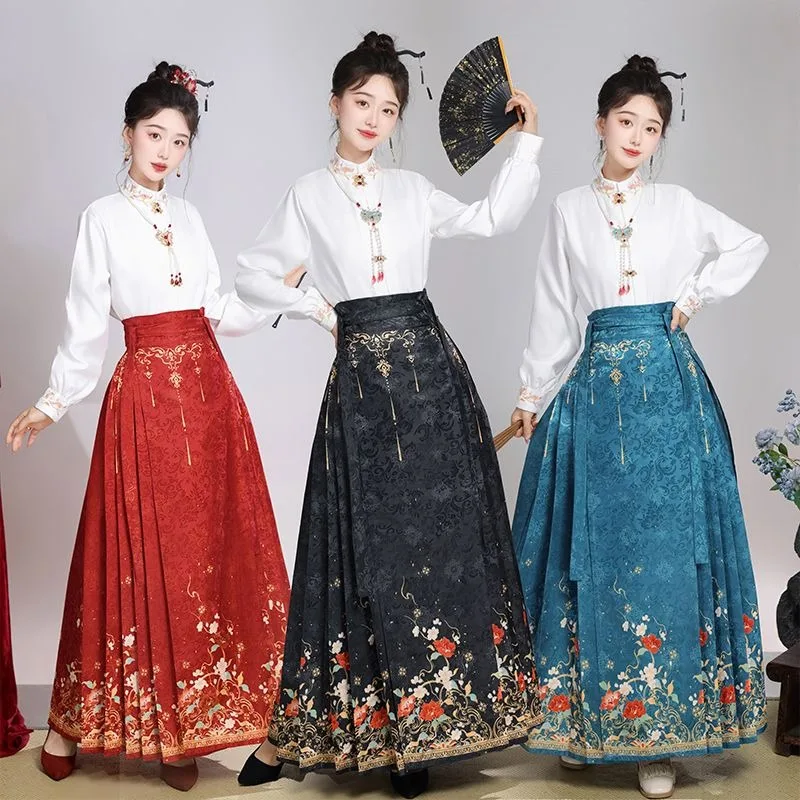 Chinese Style Traditional Pleated Skirt For Women Black Mamianqun Hanfu improved Hanfu casual solid color shirt set 2024 New