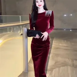 Spring Autumn Women Solid Color Maxi Dress High-end Ladies New Long Sleeves Vestidos Korean Feminine Golden Velvet Long Dresses