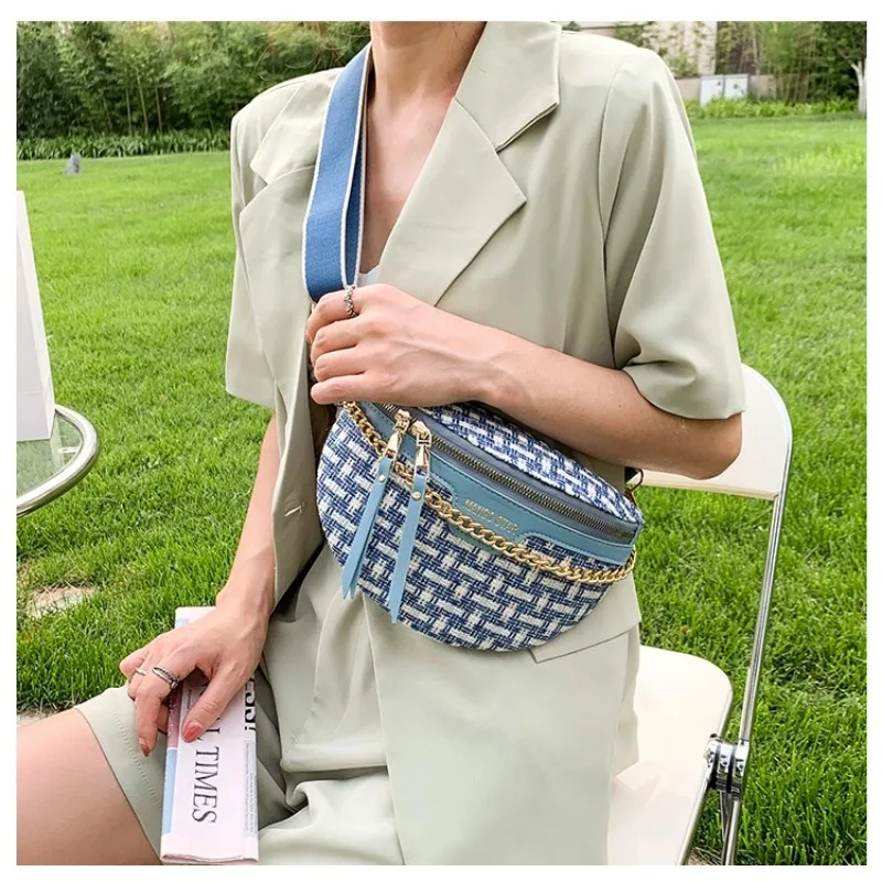 New Fashion Knitted Waist Packs for Women Weaving Fanny Packs Female Phone Purses Waist Bags Ladies Wide Strap Crossbody Bags