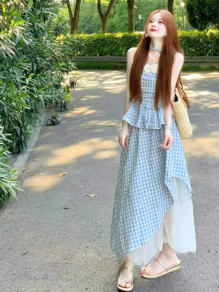 

Blue Plaid Lace Crop Top And Long Skirt Set Summer Vacation Bright Color Matching Women's Fashion Outfit Spring Summer Season