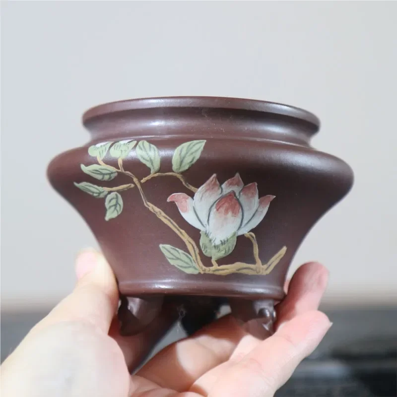 Purple Clay Flower Pot Lotus Flowers Plum Blossoms Mud Painted Handmade Pot Hand-painted Bonsai Flower Pot Desktop Bonsai Crafts