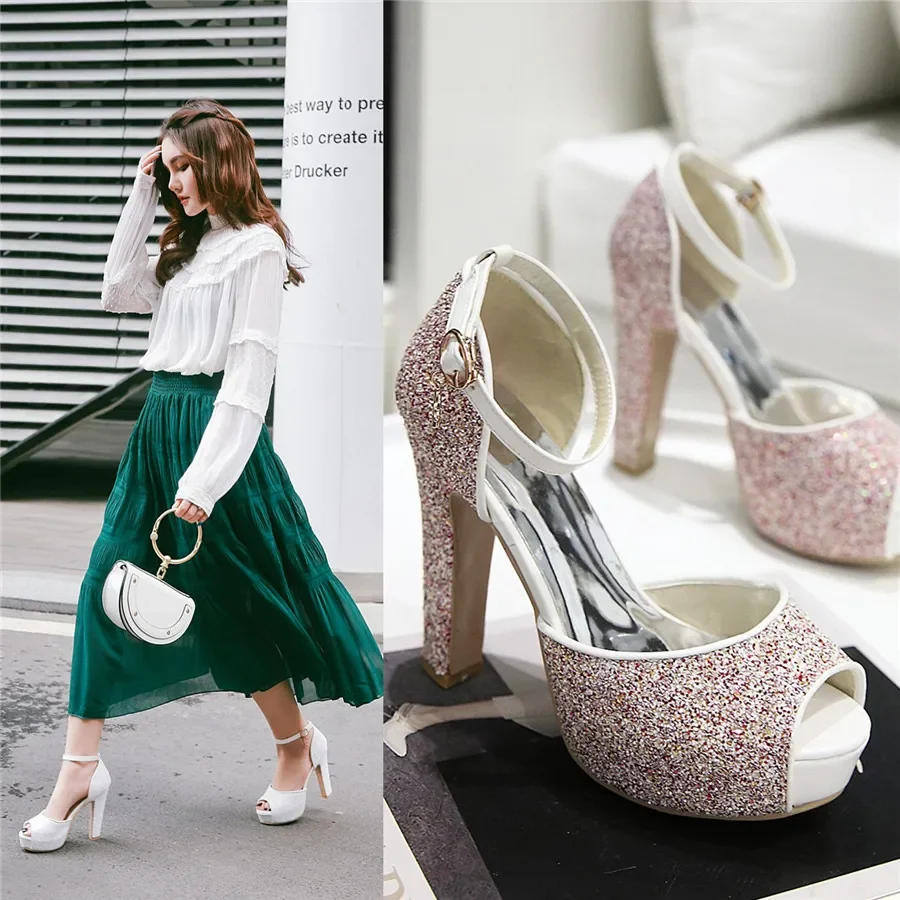 White Wedding Party Women Platform Sandals High Chunky Heels Pink Gold Sequined Cloth Party Office Lady Ankle Strap Summer Shoes view 3