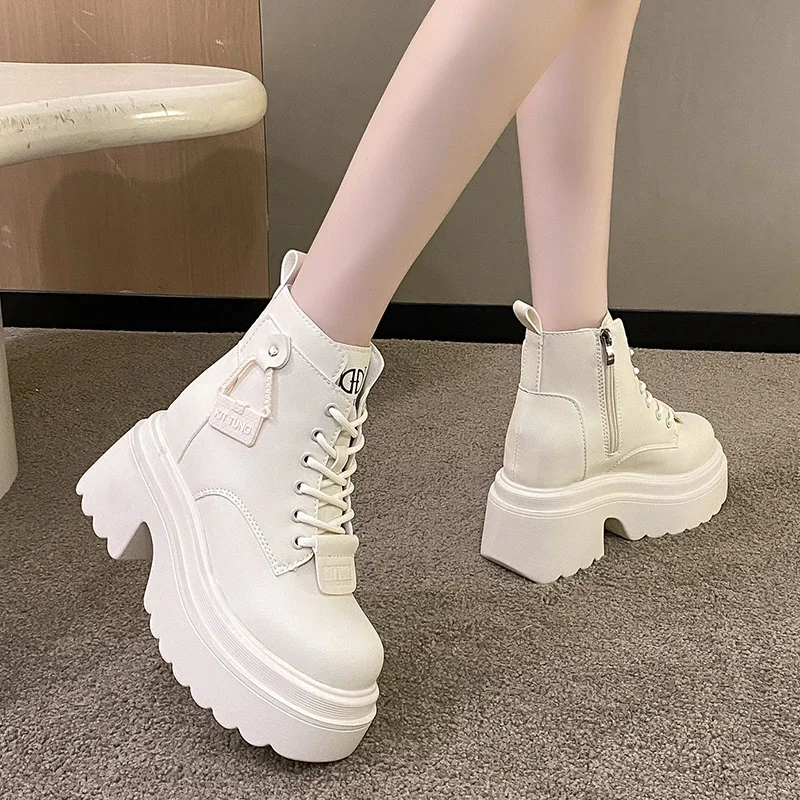 New Autumn Platform Ankle Boots10CM High Heels Women Thick Sole Winter Leather Non-Slip Punk Shoes Chunky Motorcycle Boots Woman