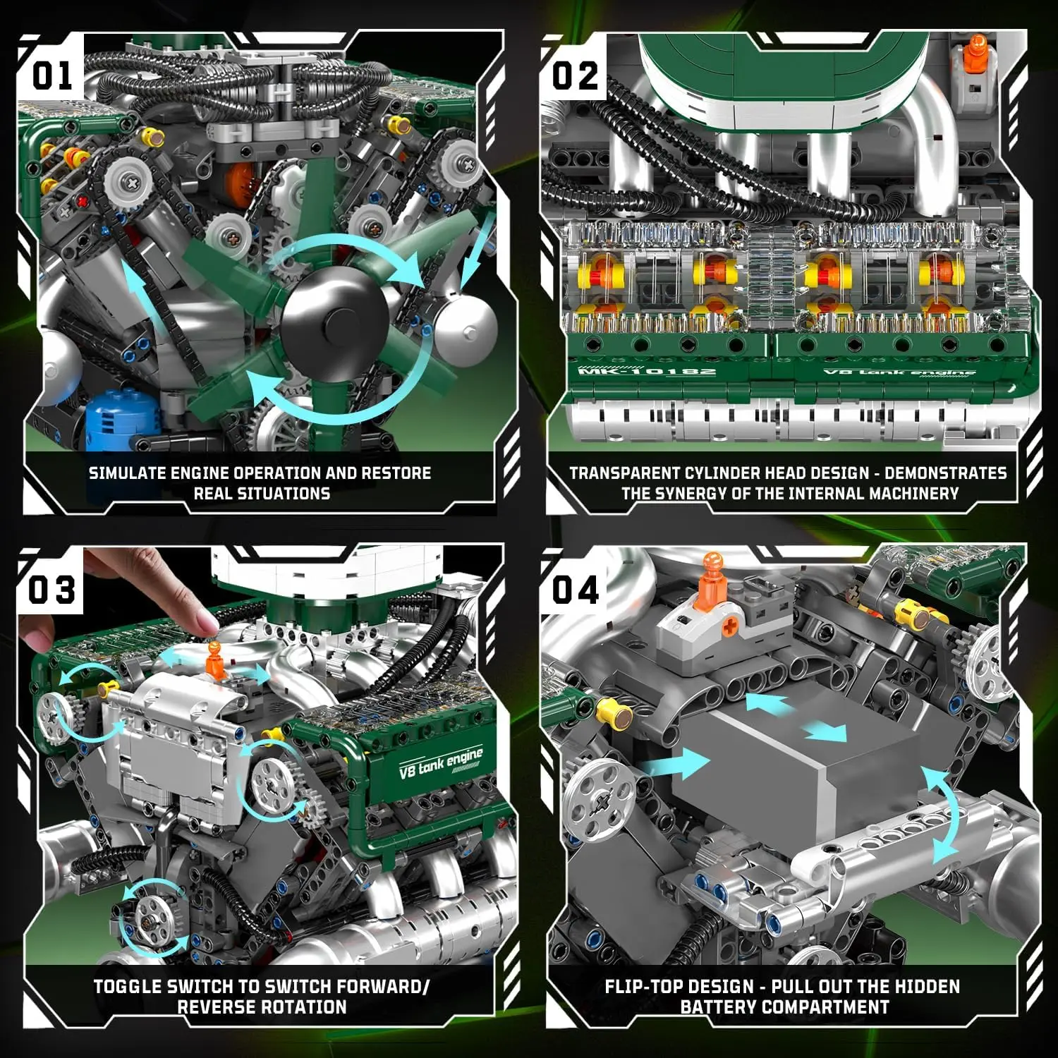Motormodellbausatz, bauen Sie Ihr eigenes Panzermotor-Bausteinset mit Batterie und Motor auf, verbessertes 8-Zylinder-En