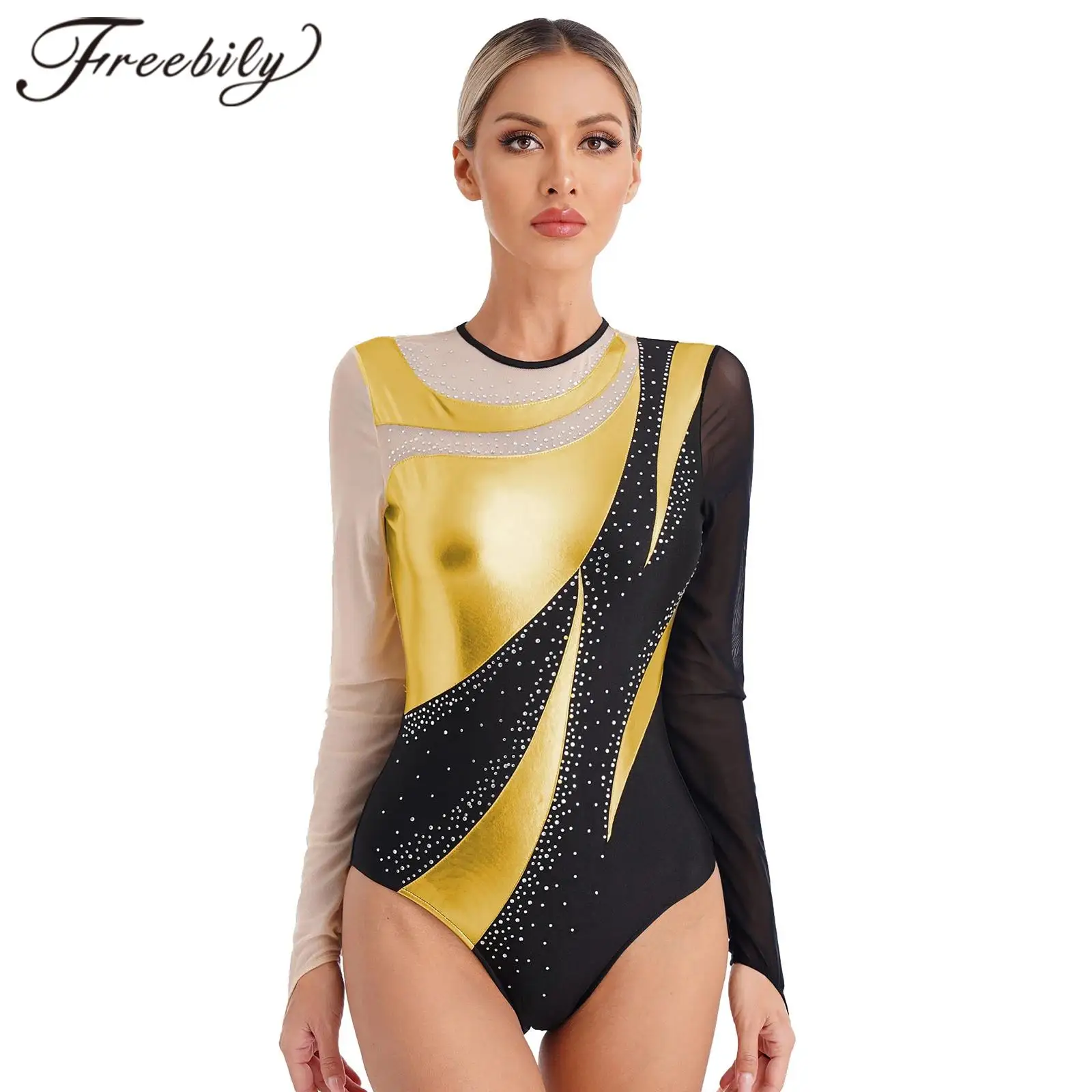 Women\'s Long Sleeve Rhythmic Gymnastics Leotard Ballet Jumpsuit for Woman Metallic Patchwork Exercise Figure Skating Bodysuit