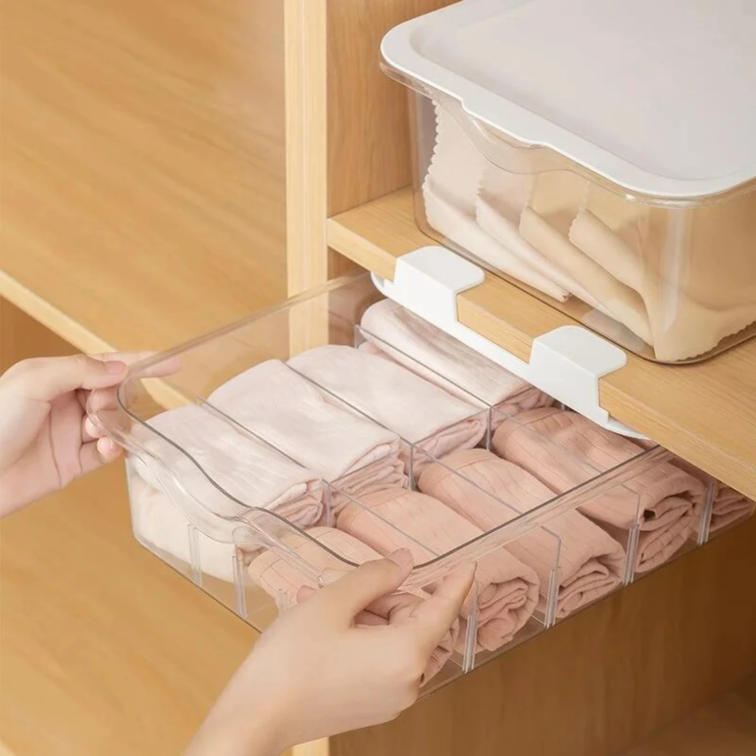 Convenient Wardrobe Storage Solution: Transparent Stackable Plastic Drawer Organizer with Adjustable Grid Partition and Lid Cove