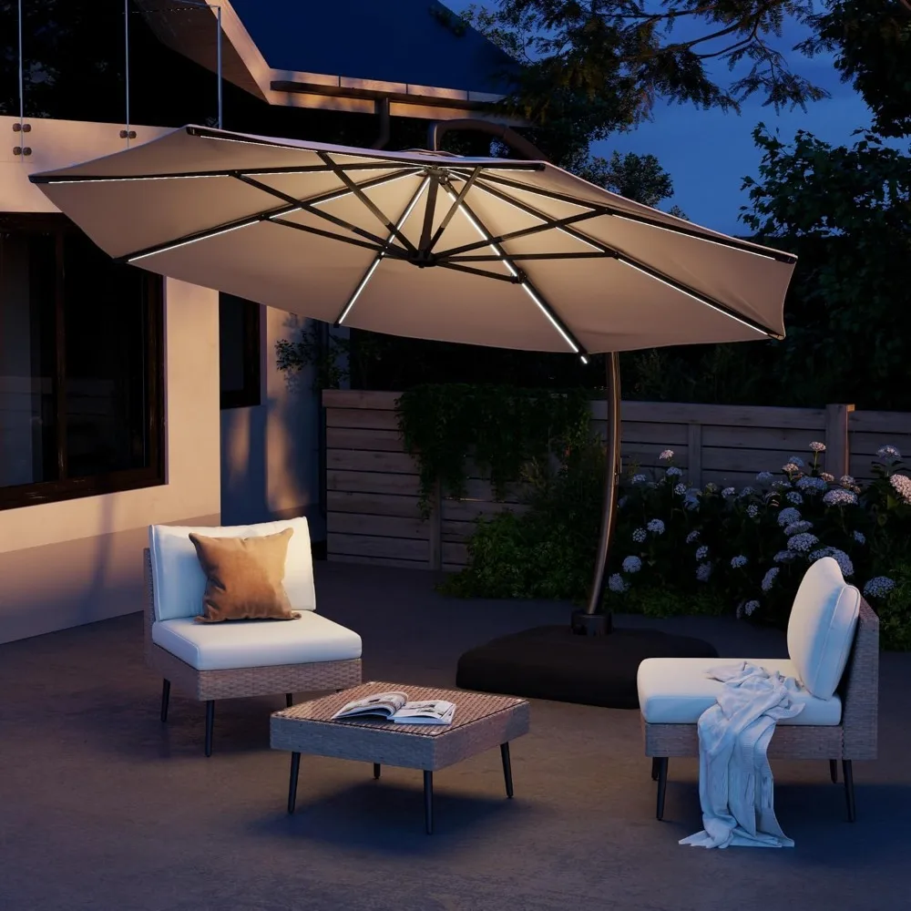 

11FT Solar Powered LED Light Cantilever Patio Umbrella with Base Included, Round Large Aluminum Outdoor Cantilever, Customized