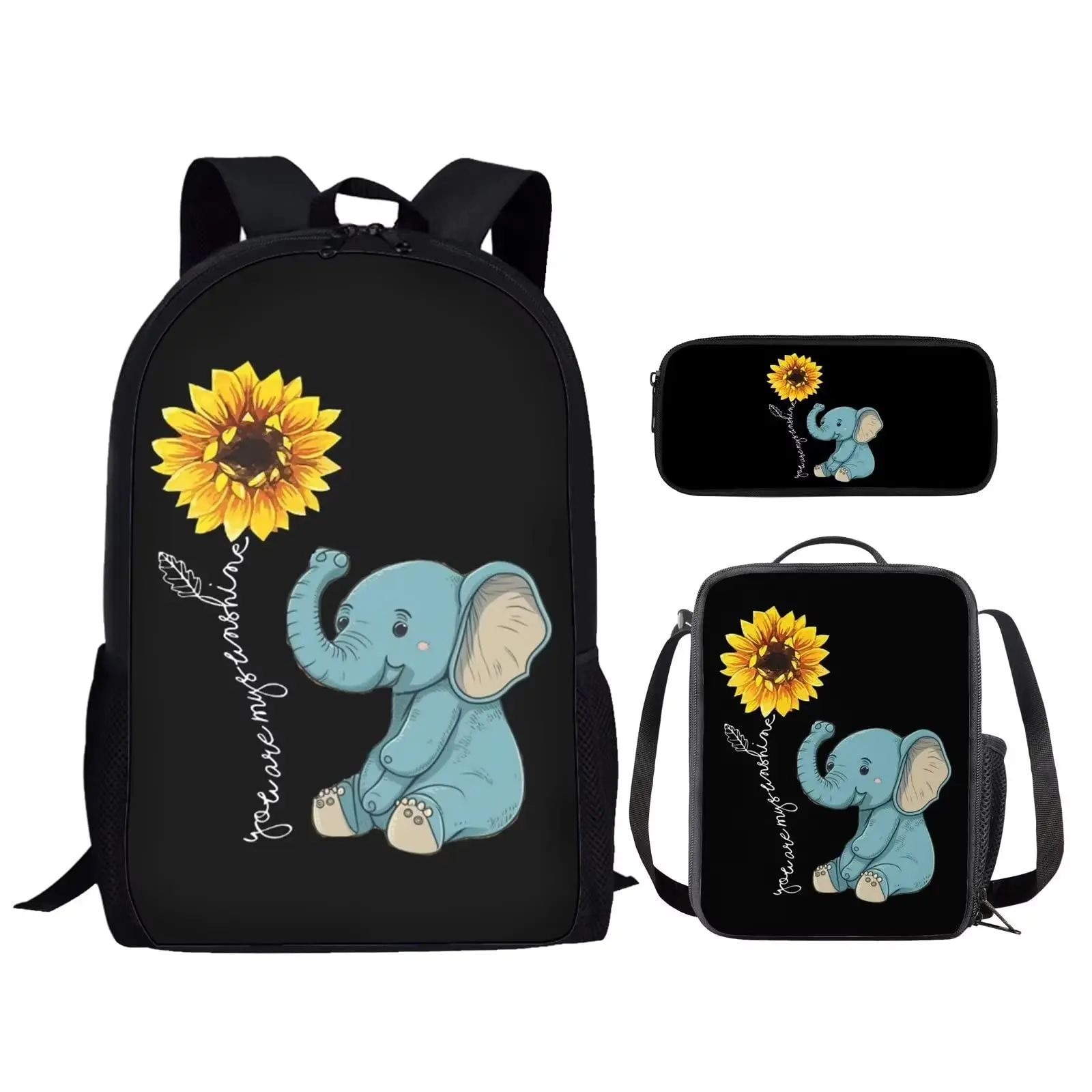 Funny Elephant Floral Graphic Print 3 Piece Set School Bag Teenager Boys Girls Student Book Bag with Lunch Bag and Pencil Bag