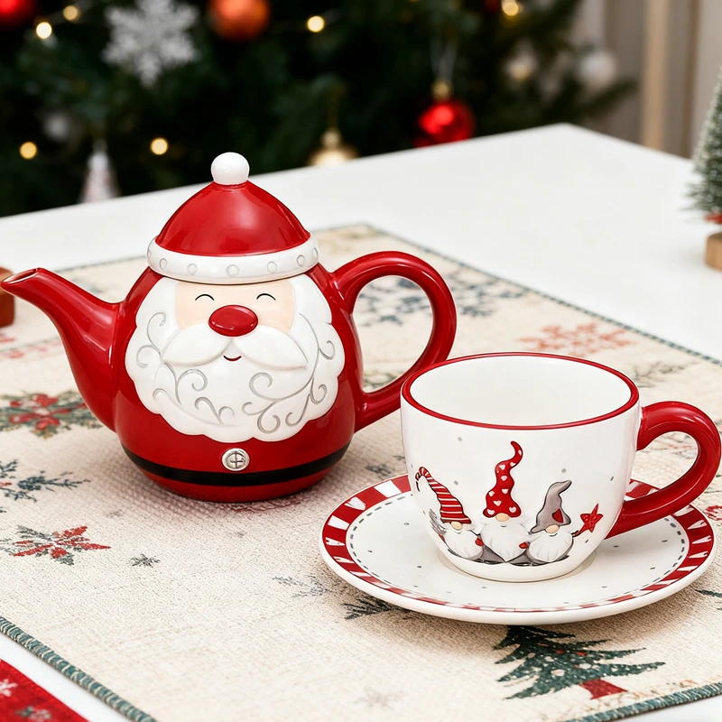 

Christmas Santa Claus and Gnome Ceramic Tea Set, Holiday Teapot with Cup and Saucer, Hot Drink Coffee Cup Set