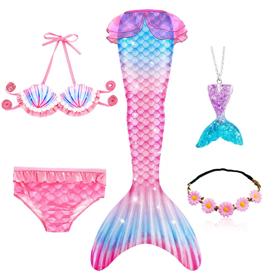 Traje de baño de cola de sirena para niñas, disfraz de La Sirenita, ropa de playa de Cosplay, traje de baño, 5 piezas por juego