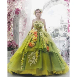 Fashion Green Strapless Princess Evening Dress Exquisite Applique Performance Pageant Party Prom Dresses