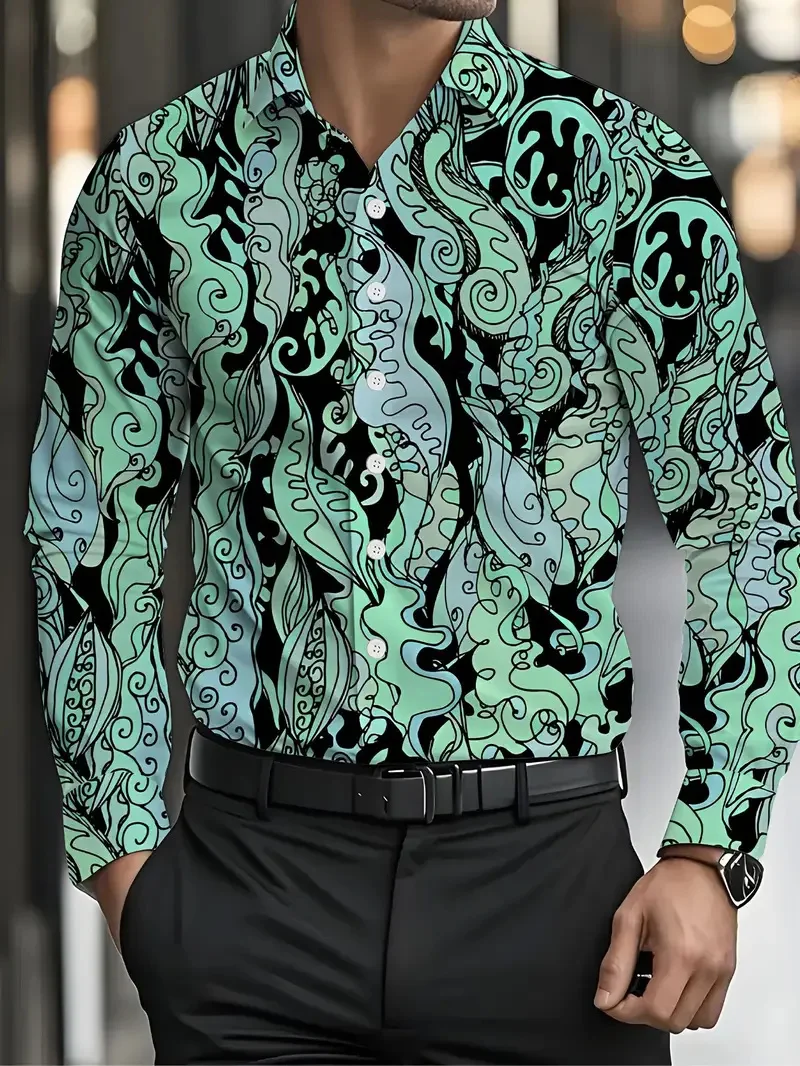 

Luxury Men's Long Sleeve Shirt Flap Collar 3D Striped Print Button Casual Suit Print New Fashion Long Sleeve Shirt