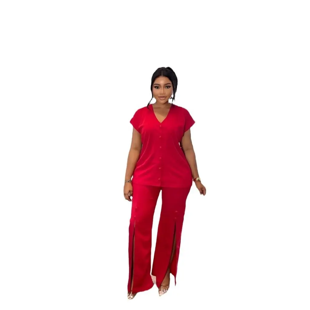 

Women's Solid Color V-neck Top And Split Wide Leg Pants Two-piece Set European And American Style Autumn Winter New