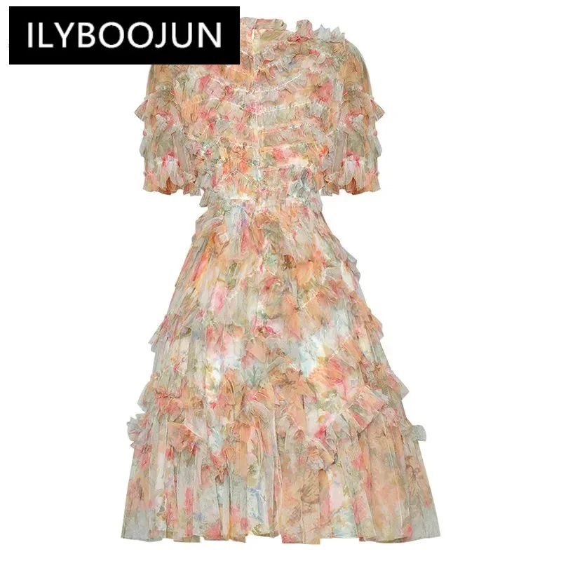 ILYBOOJUN Fashion Runway dress Summer Women Dress Short sleeve High waist Ruffles Elegant Ladies Holiday Beach Party Vestidos