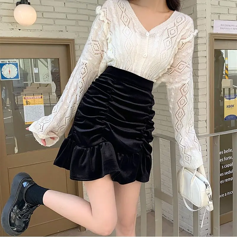 Velvet In Autumn And Winter Solid A-Line Mini Hem Ruffles New Chic Ruched All-Match High Waist Hot Selling Lovely Girls Elegant