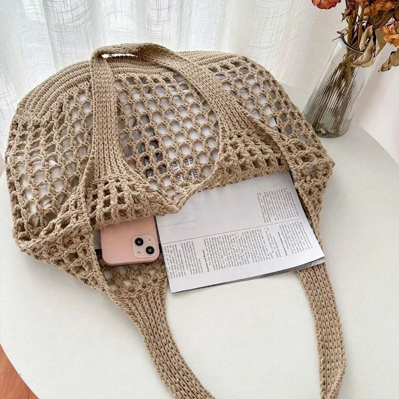 Fashion Crochet Bags for Women Summer Beach Tote Bag Raffia Aesthetic Totes Straw Handbag Bohemian Boho Woven Knit Shoulder Bag