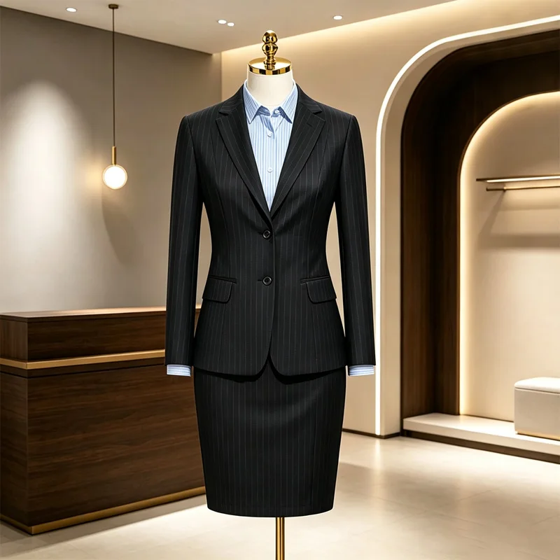 Best-Selling Navy Pinstripe Women Suit Set Wool Anti-Static Stretch Uniform For Office Corporate Business