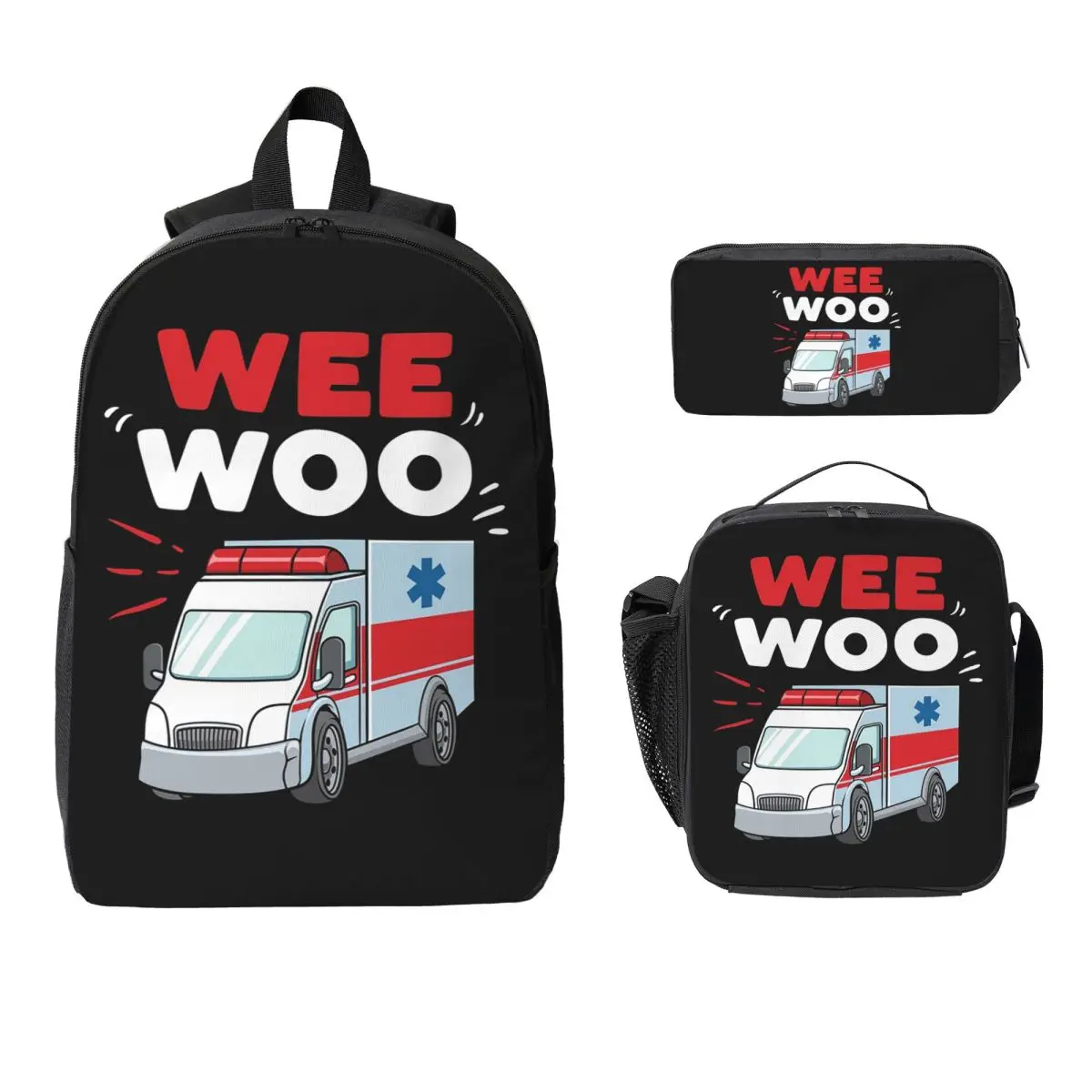 

Wee Woo Ambulance Paramedic Emergency Backpack BookBag School Bag Computer Shoulder Bags 3ps Insulated Lunch Bag Pencil Case