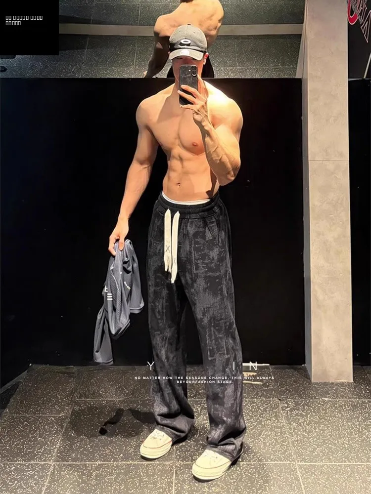 

American Sle Men's Bla Tie Dye Corduroy Sports Fitn Sweatpants High Waist Straight Leg Casual Pants Winter Thiened