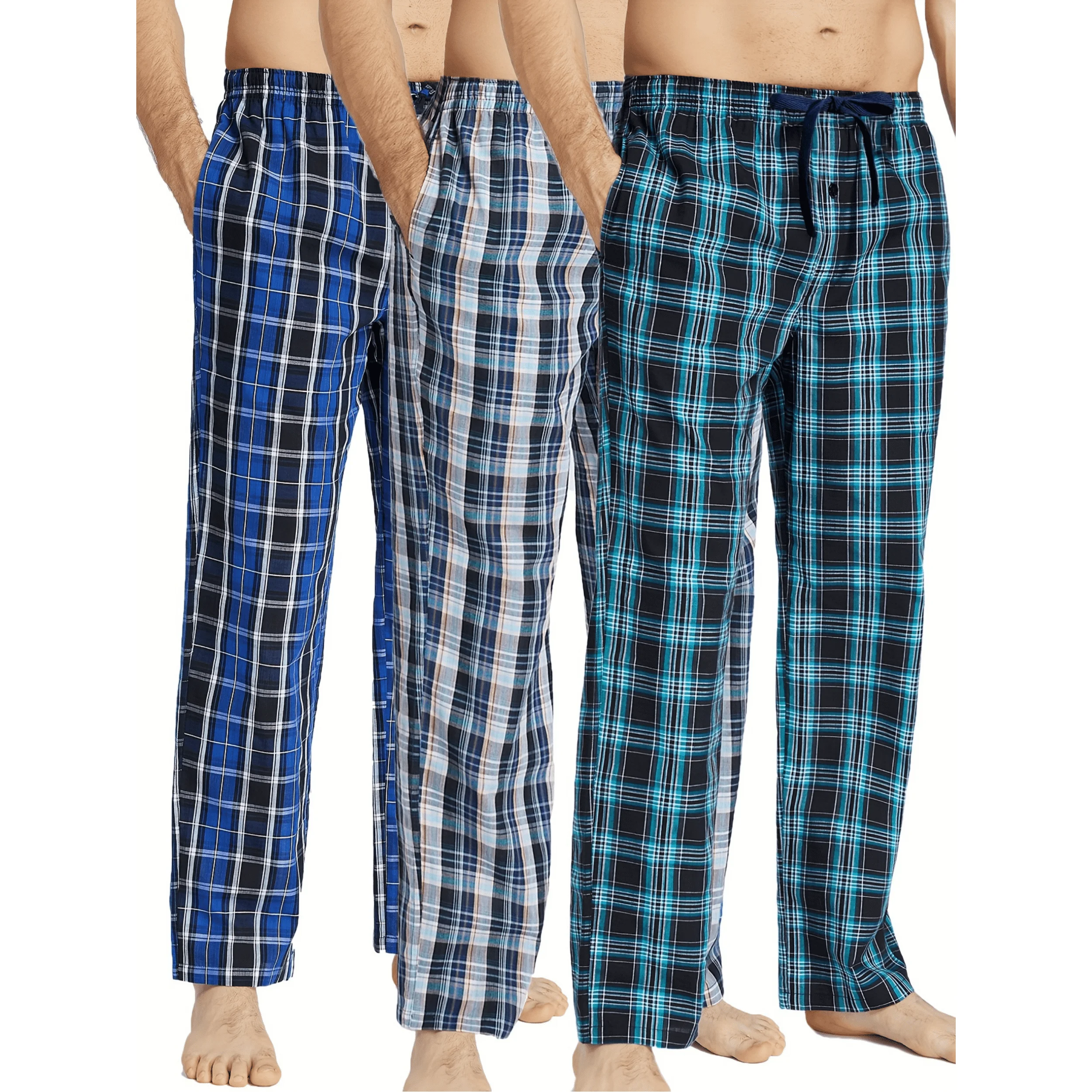 JupiterSecret 3 Pcs/Set Men\'s Cotton Plaid Sleep & Lounge Pants, Pajama Bottoms With Pockets For All Season