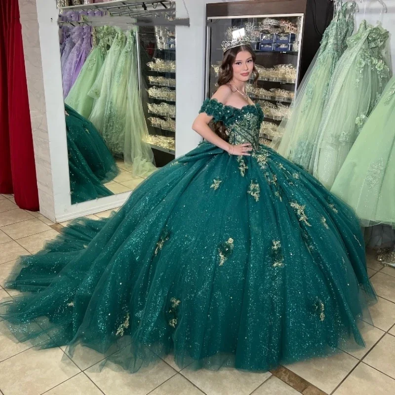 Angelsbridep Glitter Blackish Green Quinnceanera Dresses Ball Gown Gold Lace Appliques Beads Corset Sweet 16 Vestidos De 15 Anos