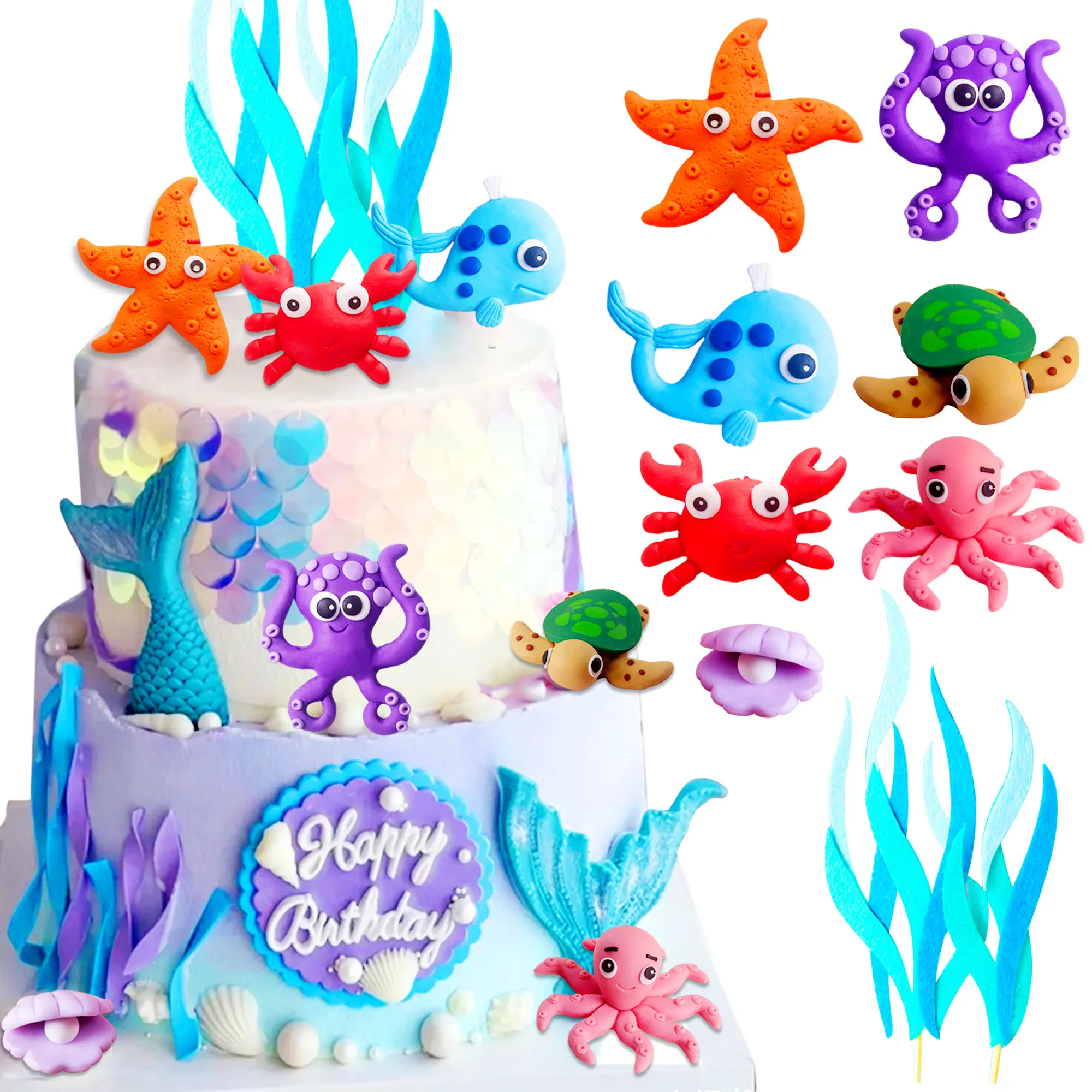 LaVenty Under the Sea Cake Toppers Ocean Animal Cupcake Toppers Ocean Sea Theme Gender Reveal Birthday Party Cake Decorations