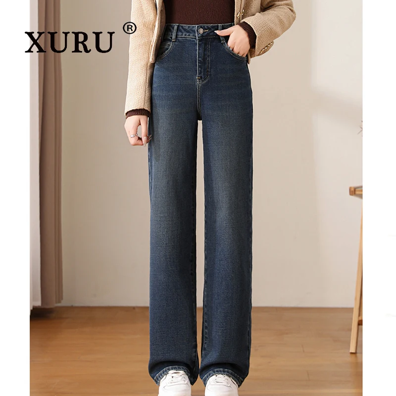 XURU-Casual Plush Denim Pants for Women, Thick and Slim Fit, Wide Leg, Straight Leg Jeans, N11-3071