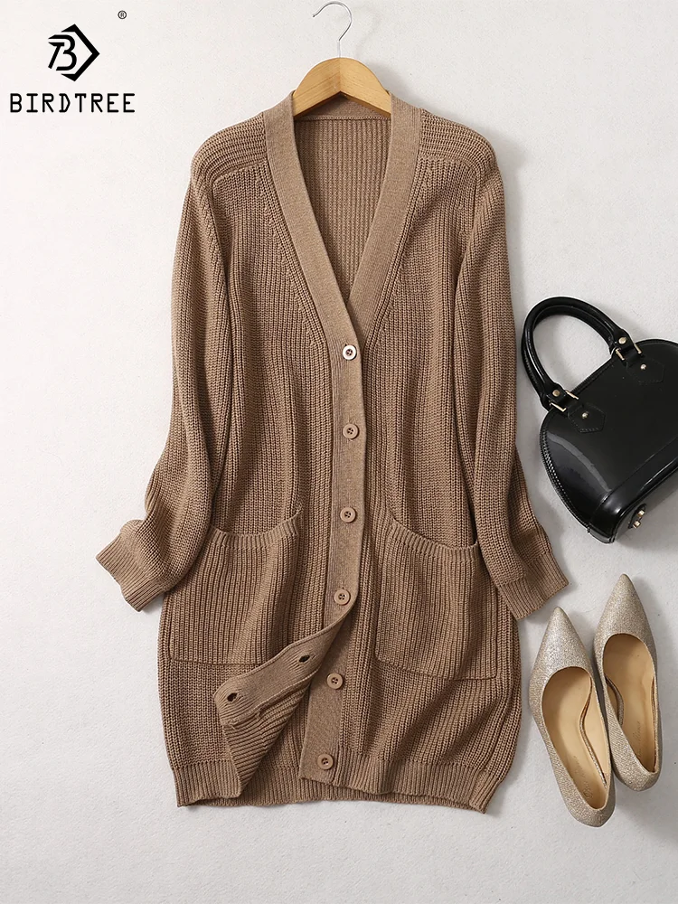 Birdtree 7Needles 63.9% Silk Cashmere Blend Cardigan Women's V neck Pockets Long Thick Sweater Dress Top Autumn Winter T38504QM