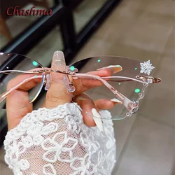 Chashma Luxury Eyeglass Color Lenses Cat Eye Titanium Frame Women Rhinestone Butterfly Optical Rimless Light Spectacles Female
