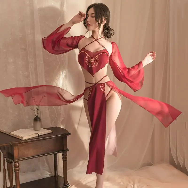 Chinese Hanfu Costumes Porno Stage Show Sexy Lingerie See Through Mesh Nightgowns Classical Nightdress Hanfu Cosplay Allure Suit