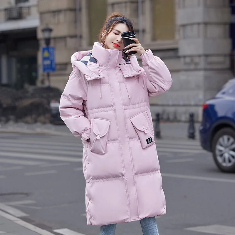 2024 New Coats Down Checkered Winter Coat Female Fashion Hood Long Down Jacket Thick Windproof Parkas Outerwear Women Jacket