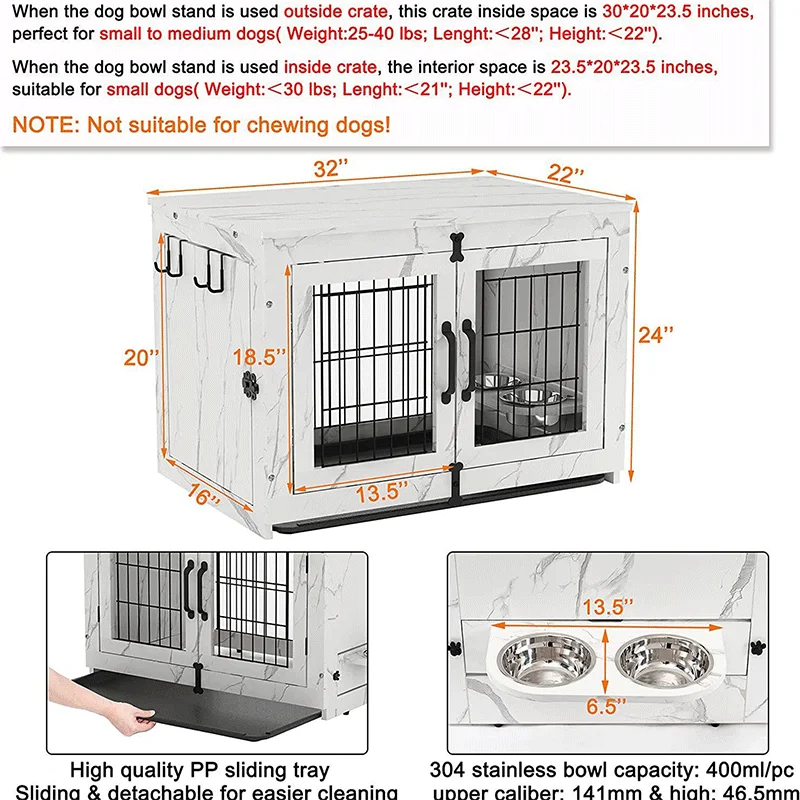 Afneembaar klein meubilair voor binnen, houten hondenkooi met dubbele deur, stalen houten structuur, inclusief hondenhok, toiletpoorten, pennen