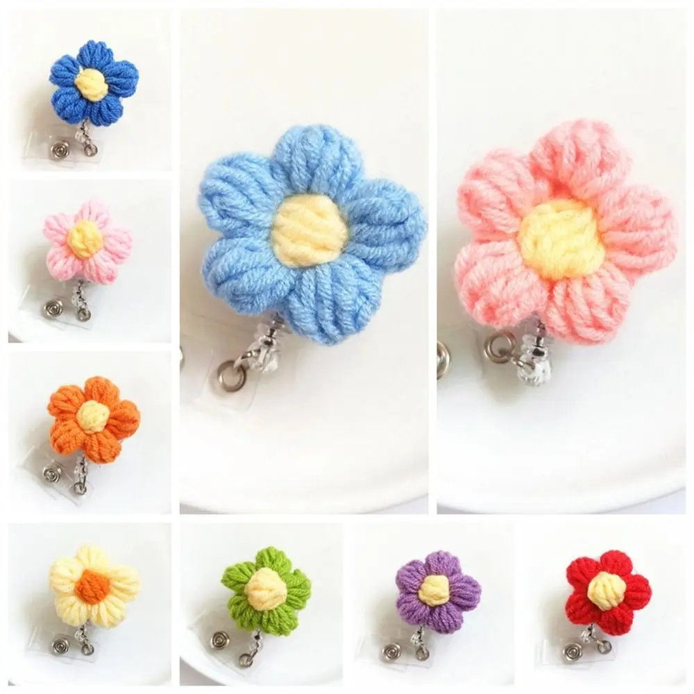 Kawaii Wool Nurse Badge Reel Retractable Knit Flora Flower Badge Holder Work Card Name Tag Easy Pull Buckle Hospital Use